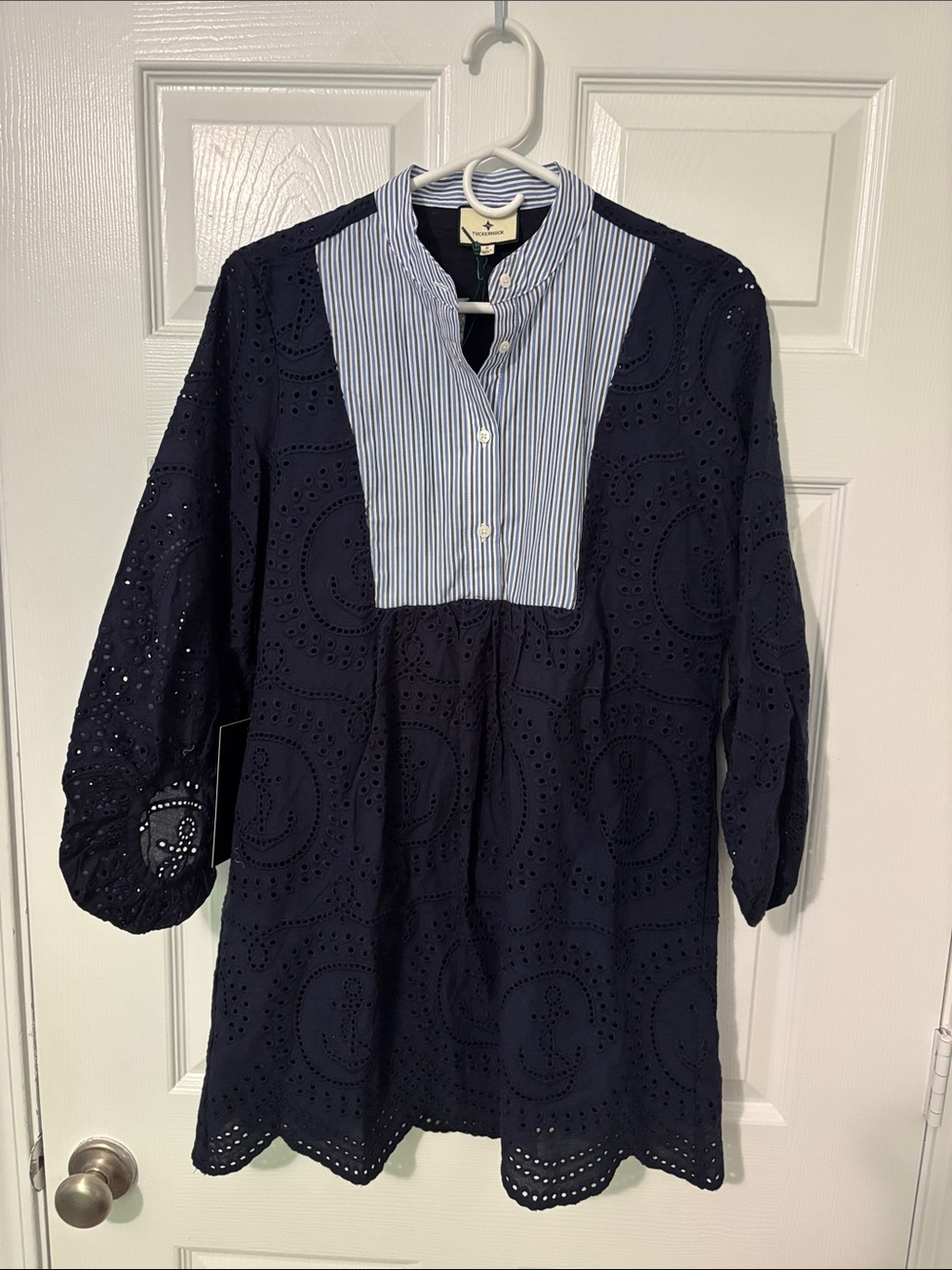 Tuckernuck Navy Eyelet Mini Dress with Blue-White Striped Bib